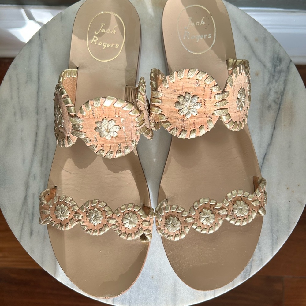 Jack Rogers Pink and Gold Whipstitch Medallion Slide Sandals